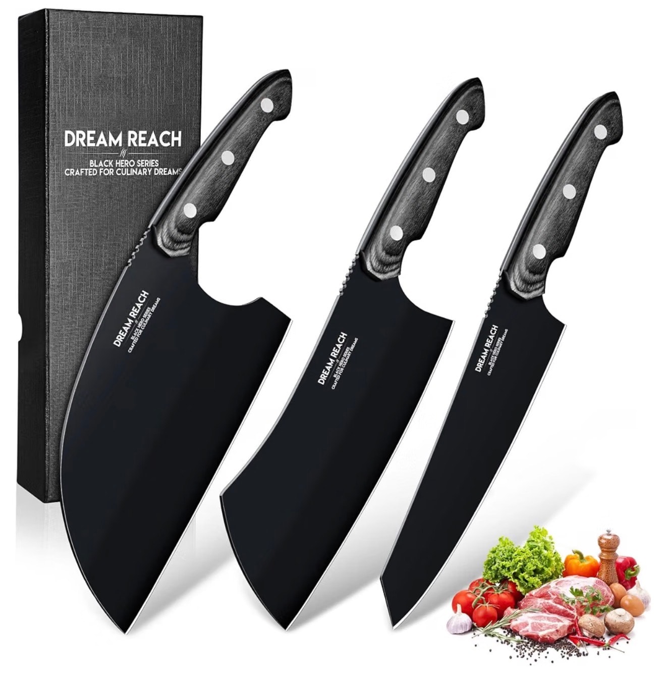 Dream Reach 3PCS Black Serbian Chef Cleaver Set